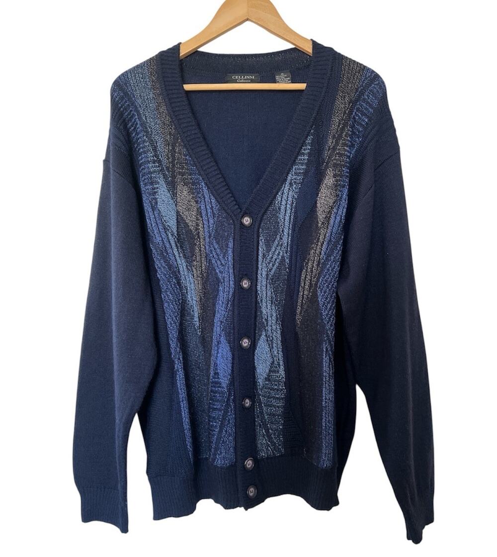 Cellinni Collezione Cardigan Sweater Mens XL Blue Wool Blend 3D Knit Grandpacore